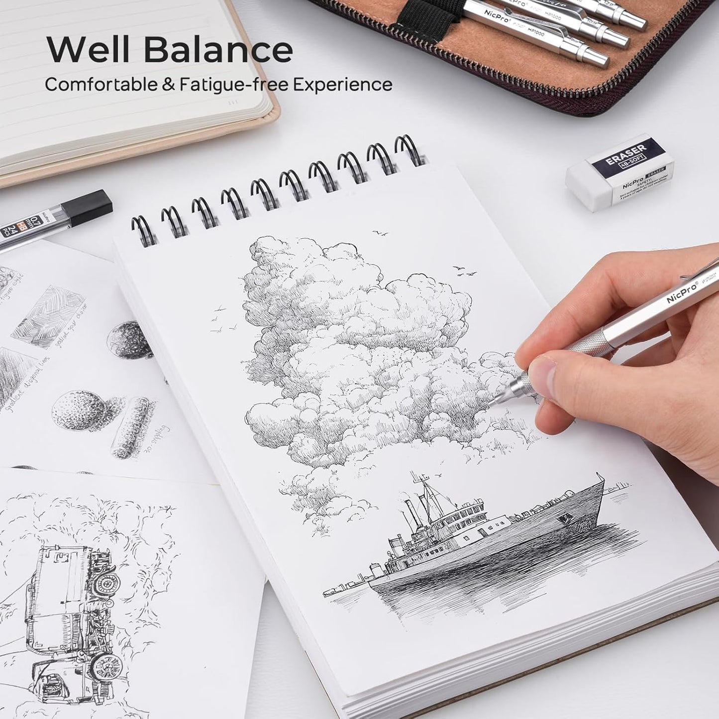 Nicpro 20PCS Metal Mechanical Pencil Set in Leather Case, Art Drafting Pencil 0.3, 0.5, 0.7, 0.9 mm & 2mm Lead Holders, 9 Tube (4B 2B HB 2H Colors) Lead Refills, Erasers For Sketching Drawing