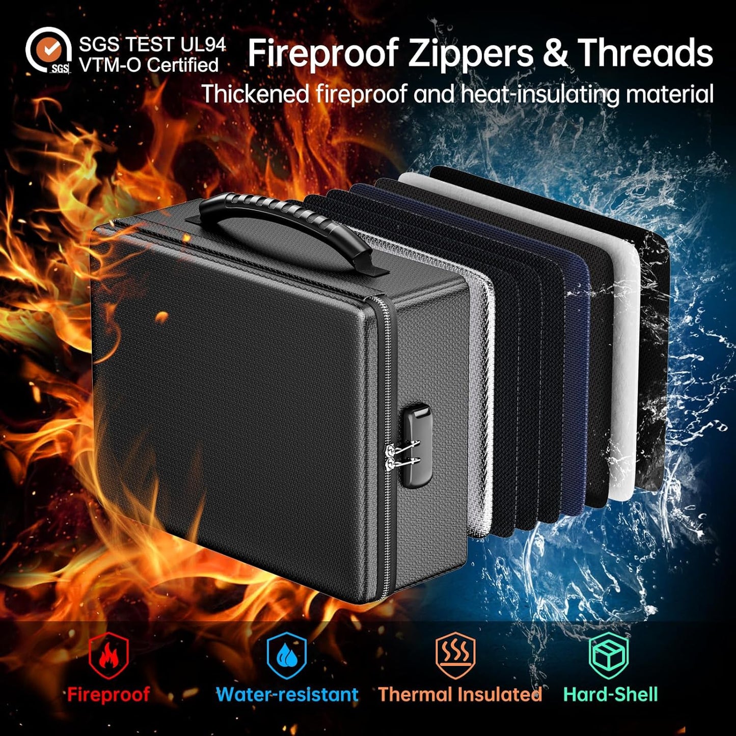 ENGPOW Fireproof Document Box with Lock, Fireproof Water Resistant Heat Insulated Safe Box Hard Case with Fireproof Zipper, Portable Home Office Travel File Organizer for Important Documents and More