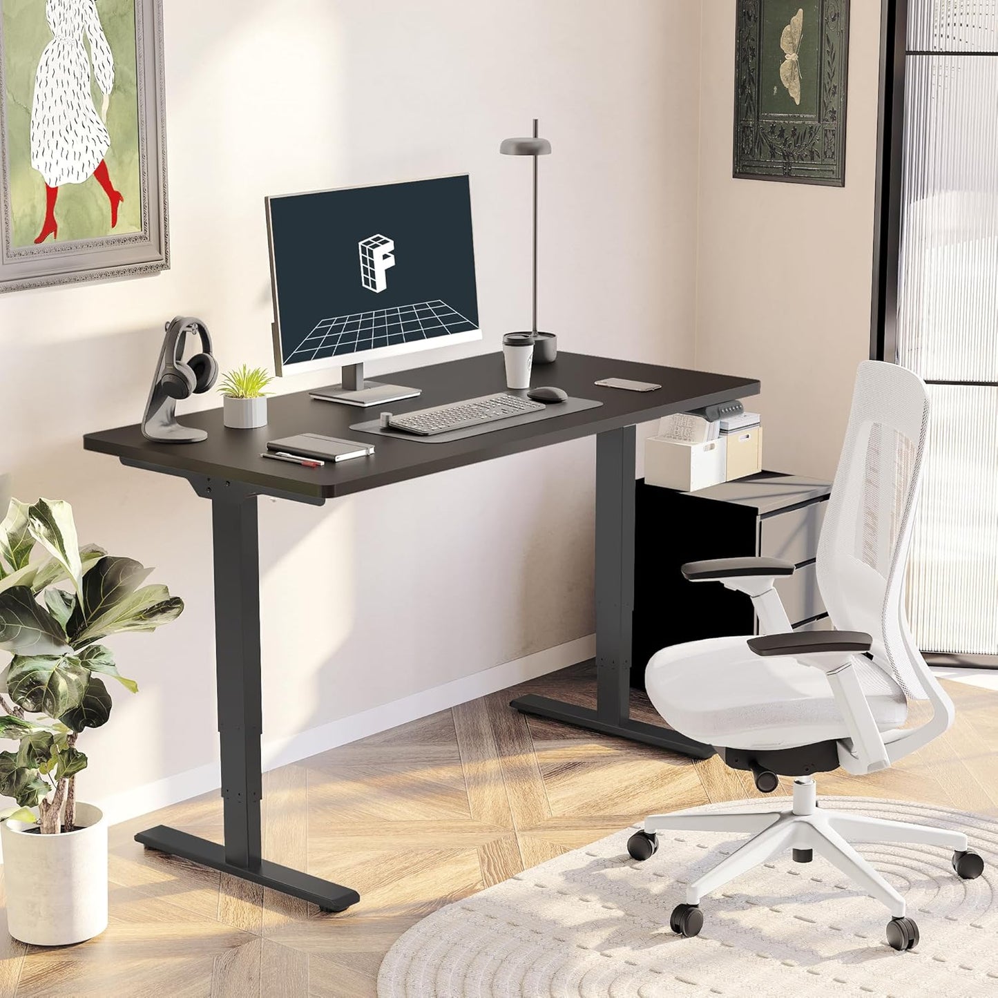 FLEXISPOT E6 Essential Standing Desk 3 Stages Dual Motor Electric 60x24 Inch Whole-Piece Board Height Adjustable Electric Sit Stand Desk(Black Frame + Black Desktop, 2 Packages)