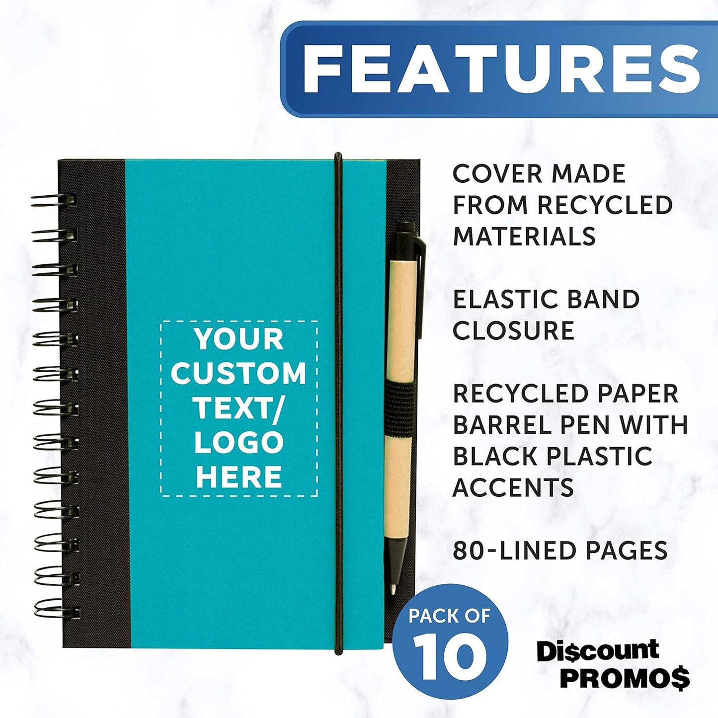 DISCOUNT PROMOS Custom Eco Block Notebooks with Pens Set of 10, Personalized Bulk Pack - Perfect for School, Office, Business, Home - Aqua
