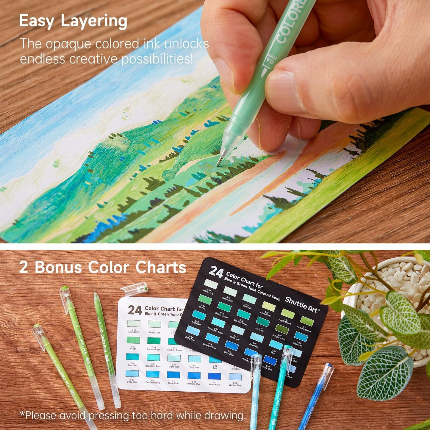 Shuttle Art Colored Pens, 24 Blue & Green Tone Colors Cute Journal Pens 0.6mm Fine Point Colored Gel Pens for Black Paper Adult Coloring Writing Drawing Journaling Note Taking School Office Home