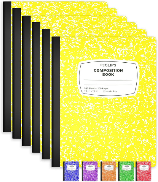E-CLIPS USA Composition Notebooks, (6 Pack), Wide Ruled Composition Notebook, Marble Composition Notebook, 100 sheets, 200 Pages (6, Yellow)