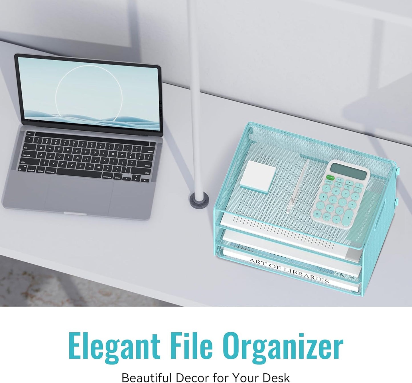 DALTACK 3 Tier Letter Tray Paper Organizer with Handle, Mesh Desk File Organizer, Paper Tray Desk Organizer for School Office Home, Metal Mesh, Light Blue