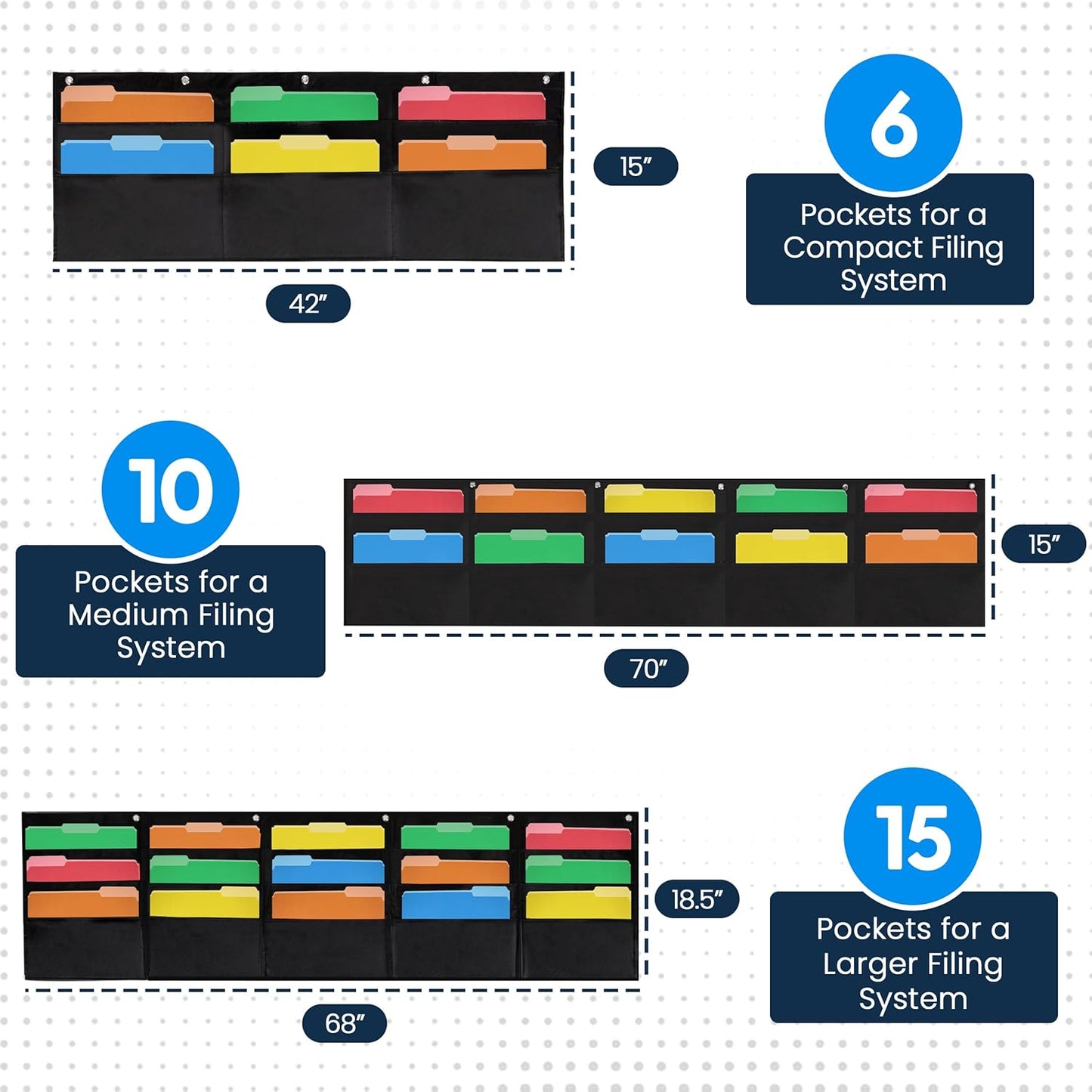 Essex Wares - 6 Pocket Horizontal File Hanging Paper Organizer for Letter Documents, Black, 42" Wide x 15.5" - Hanging Pocket File Organizer - Black Pocket Chart for Classroom & Office - 6 Pockets