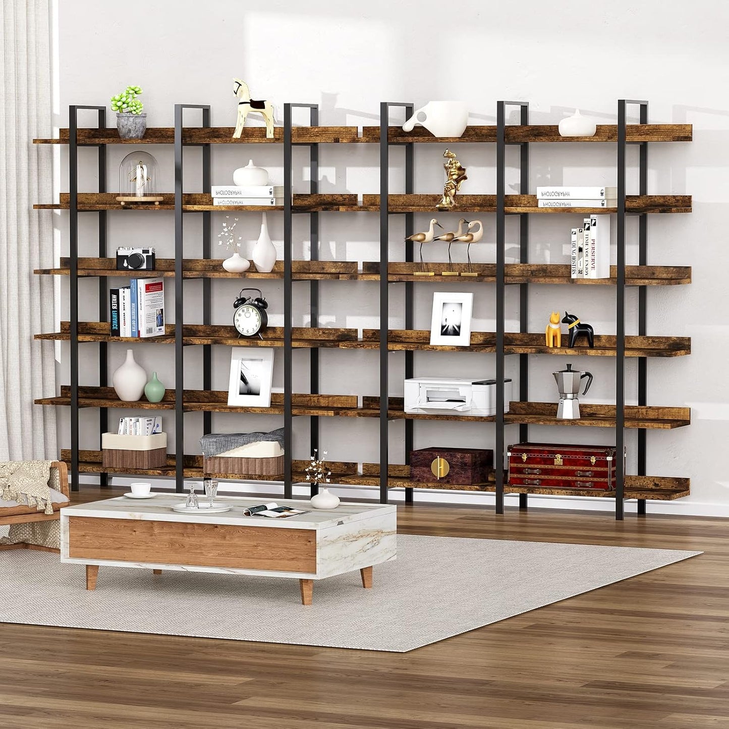 FRAPOW 83Inch Industrial Bookshelf and Bookcase, Double Wide 6 Tier Large Vintage Book Shelf with Metal Frame Open Bookshelves for Living Room Home Office