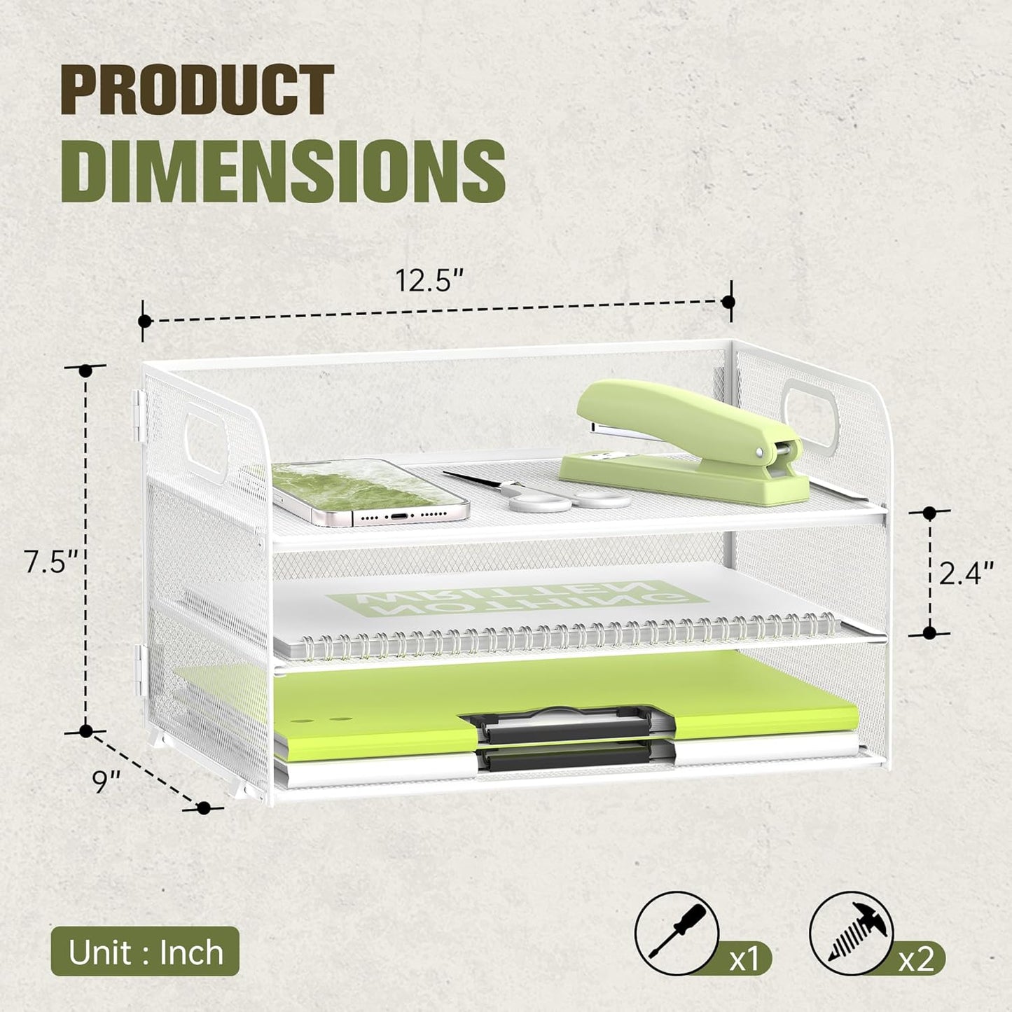 Daltack 3-Tier Paper Organizer With Handle, Mesh Desk Letter Tray for A4 File Folder, White