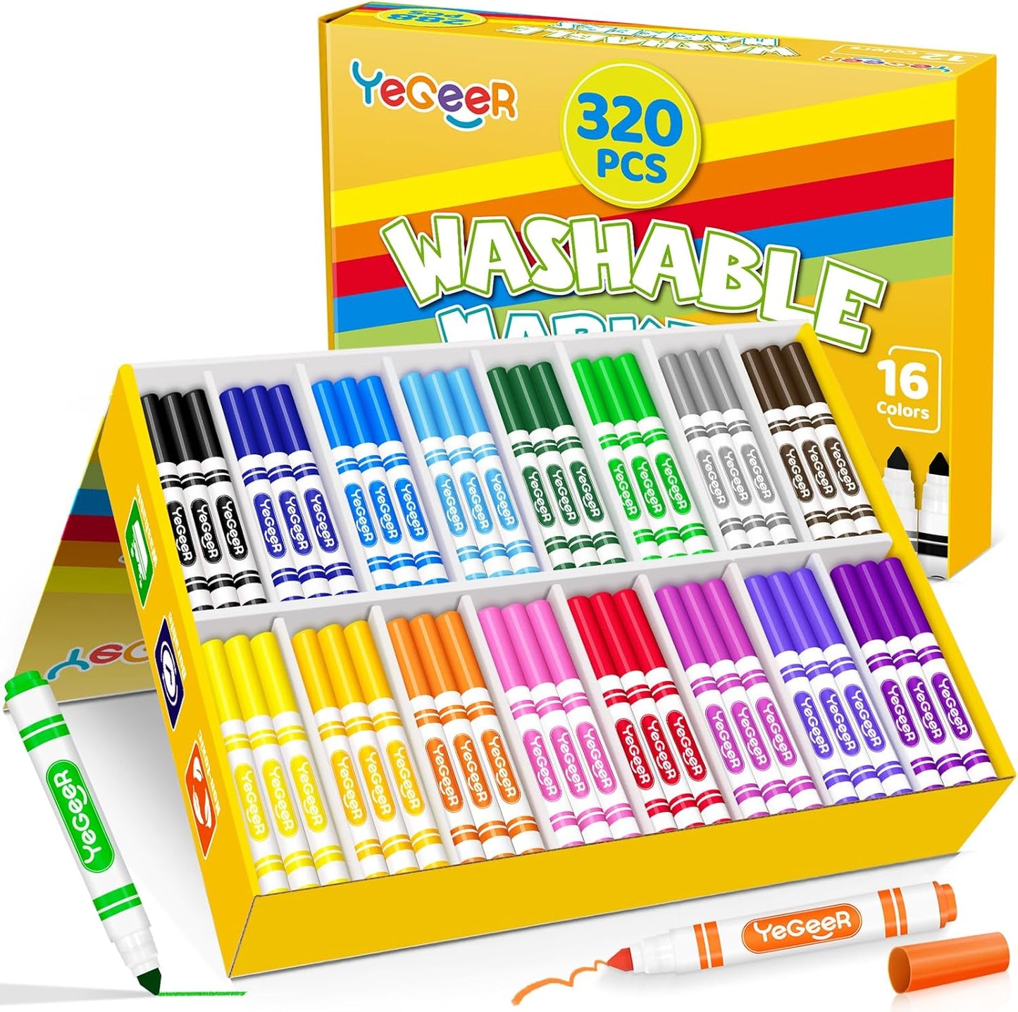 320 Count Washable Markers Bulk – 16 Assorted Colors, Broad Tip Markers for Kids, Teachers, and Classroom Supplies, Perfect for Art and Coloring.