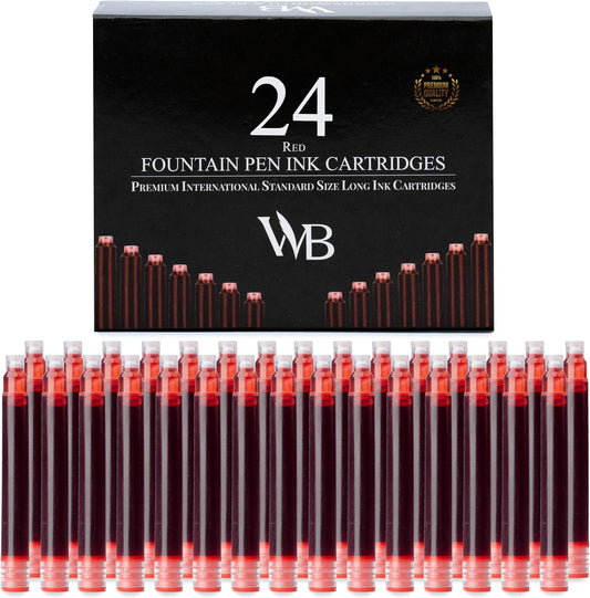Wordsworth & Black 24 Pack Fountain Pen Ink Refills - Set of 24 Red Ink Cartridges - International Standard Size - Length APPR 2.3" - Base Diameter APPR 0.24" - Disposable and Generic
