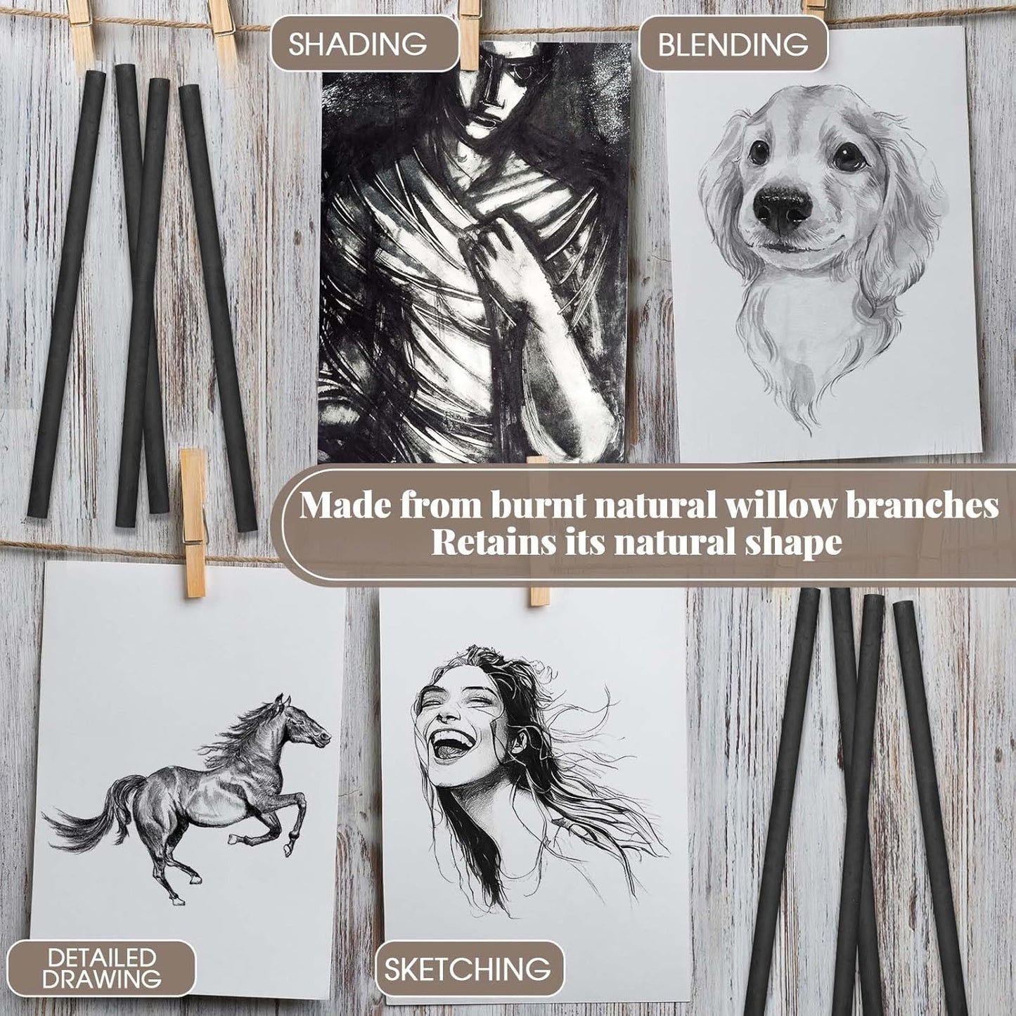 Gueevin 50 Pcs Willow Charcoal Sticks, Willow Charcoal, Artists, Beginners, Students, Perfect for Sketching, Drawing, Shading, and Fine Art (7-9mm)