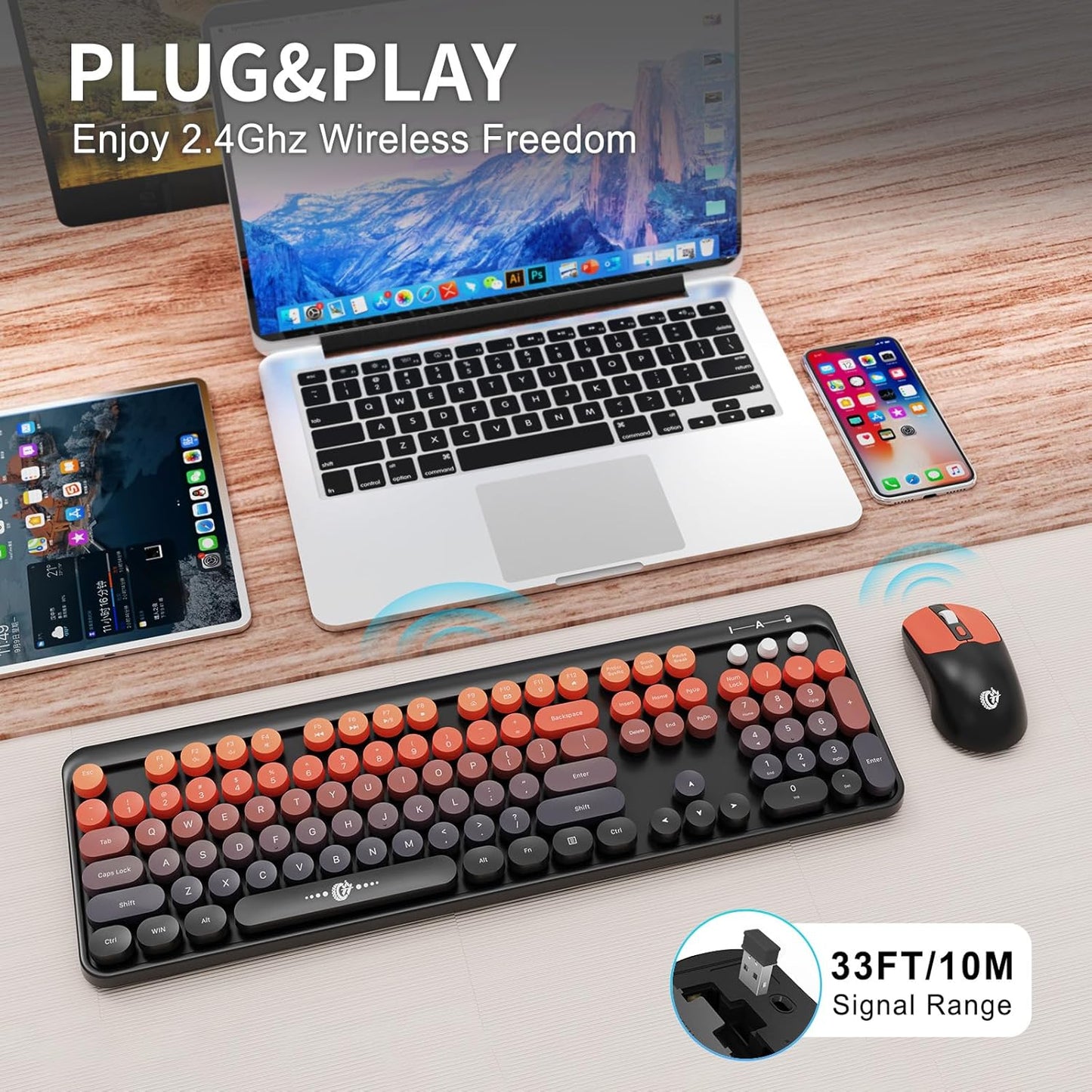 FD Wireless Keyboard and Mouse Combo | Cute Colorful Keyboard and Mouse with 2.4GHz Cordless Retro Typewriter Keyboard | Auto-Sleep | USB Receiver for Windows PC/Laptop - Black Orange Gradient