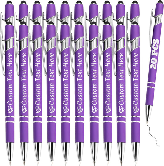 Personalized Pens Bulk 20 with Name Custom Engraving Ballpoint Pens with Stylus Tip Customized Smooth Writing Pens Personalized Gifts for Anniversary Birthday or Graduation(Purlpe,Black Ink)