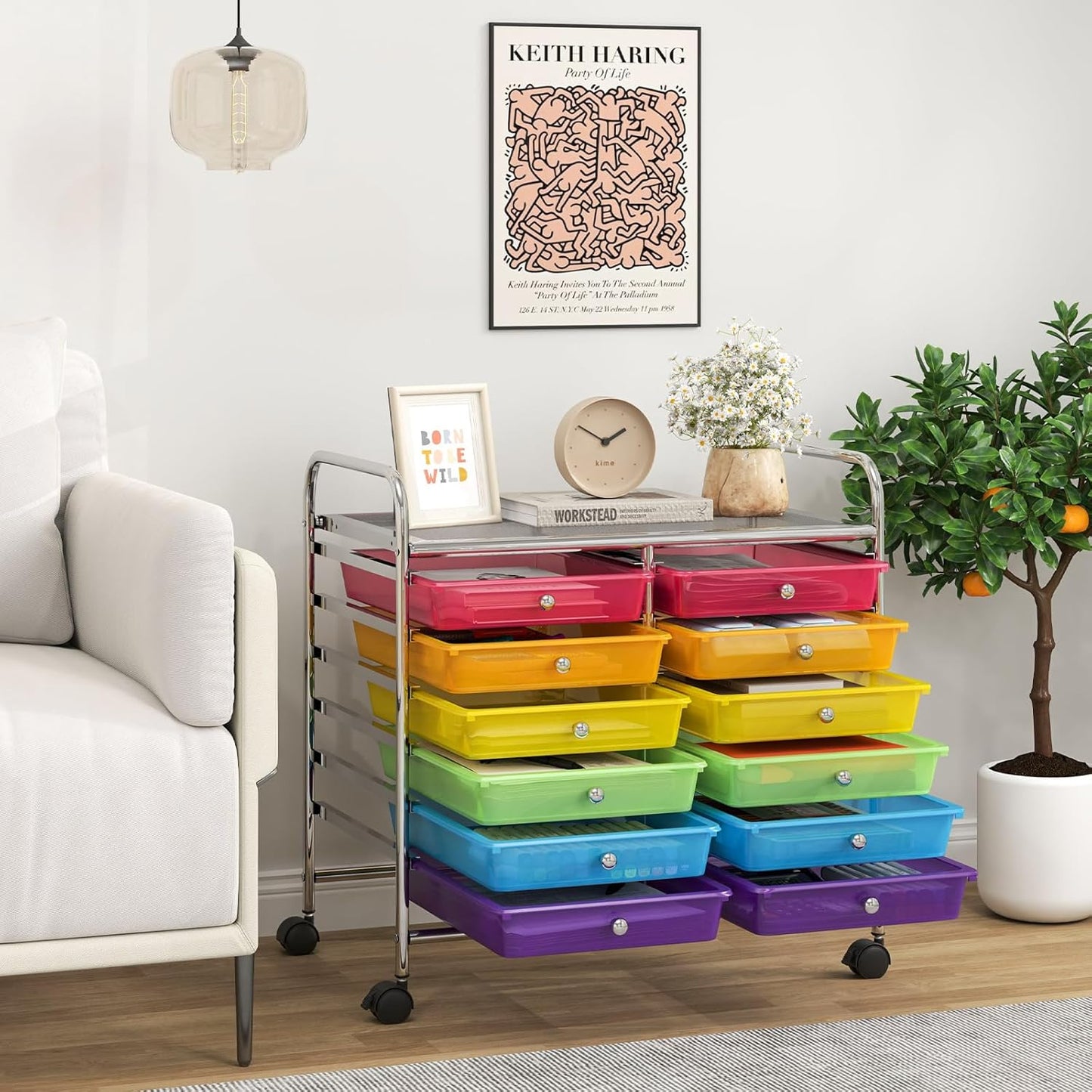 Giantex 12 Drawers Rolling Cart, Mobile Storage Drawer Cart, Classroom Organizer Cart for Office School Supplies Tools Scrapbook Paper Craft Small Printer, Utility Cart on Wheels, Rainbow