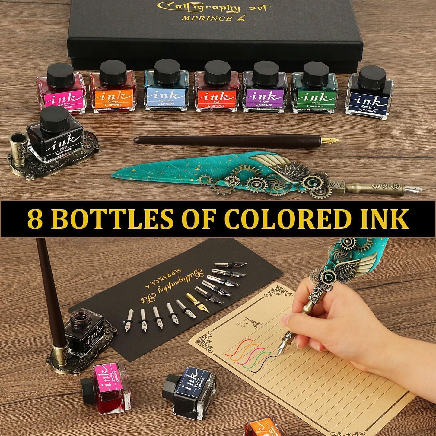 Feather Quill Pen ink Set,Calligraphy Pen Set,Include Quill Pen,Wood Dip Pen,8 Bottles Of Ink,13 Stainless Steel Nibs Of Different Sizes,Pen Holder,Envelope Paper