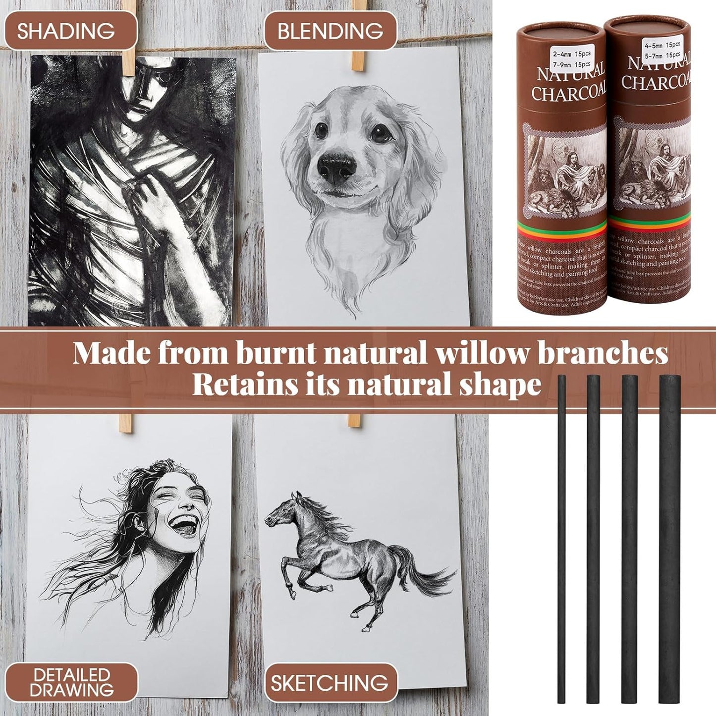 Gueevin 60 Pcs Willow Charcoal Sticks, Willow Charcoal, Artists, Beginners, Students, Perfect for Sketching, Drawing, Shading, and Fine Art (2-4mm，4-5mm，5-7mm，7-9mm)