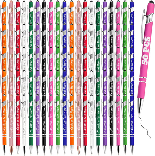 Personalized Pens Bulk 50 with Name Custom Engraving Ballpoint Pens with Stylus Tip Customized Smooth Writing Pens Personalized Gifts for Anniversary Birthday or Graduation(Assorted,Black Ink)