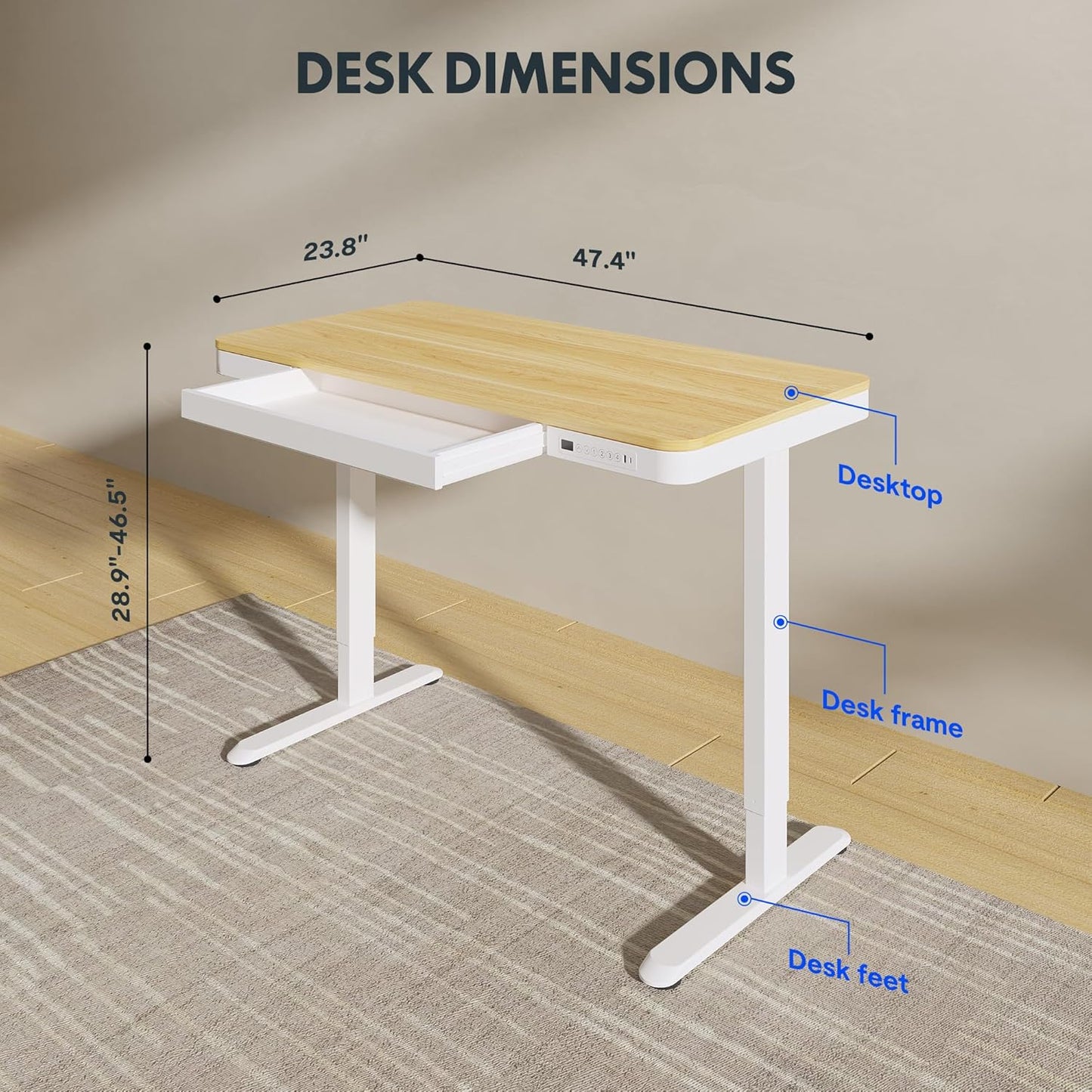 FLEXISPOT Comhar Electric Standing Desk with Drawers Charging USB Port, Height Adjustable 48" Whole-Piece Quick Install Home Office Computer Laptop Table with Storage (Maple Top + White Frame)