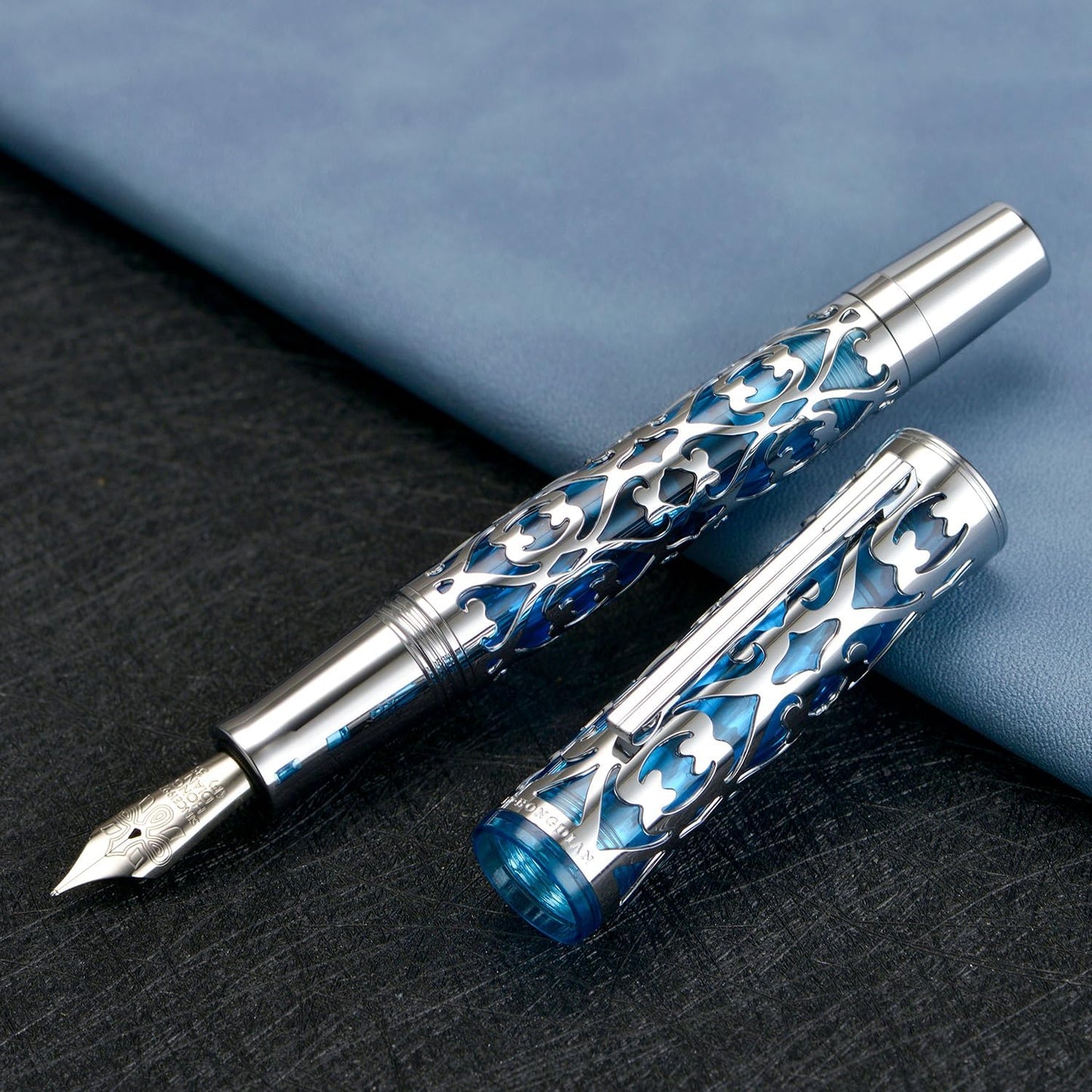 Hongdian D1 Piston Fountain Pen Extra Fine Soft Nib, Silver Blue Hollow Skeleton & Resin Pen with Metal Case Set