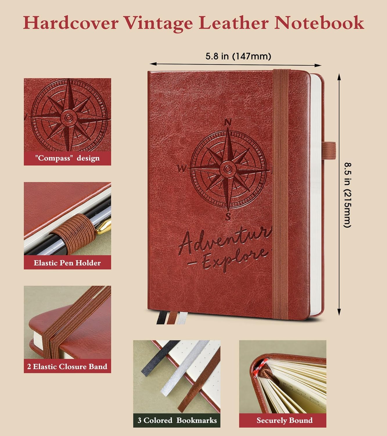 Dotted Journal Notebook for Women Men, 160 Pages Dot Grid Paper,Inner Pocket, A5 Hardcover Vintage Leather Notebooks for School, Work, Travel, Note Taking，Bullet Journaling 5.8"x8.5" (Brown)