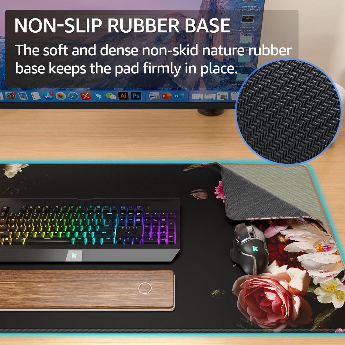 KTRIO Large Gaming Mouse Pad with Stitched Edges, Extended Mousepad with Superior Micro-Weave Cloth, Non-Slip Base, Water Resist Keyboard Pad for Gamer, Office & Home, 31.5x15.7in, Peony Flower