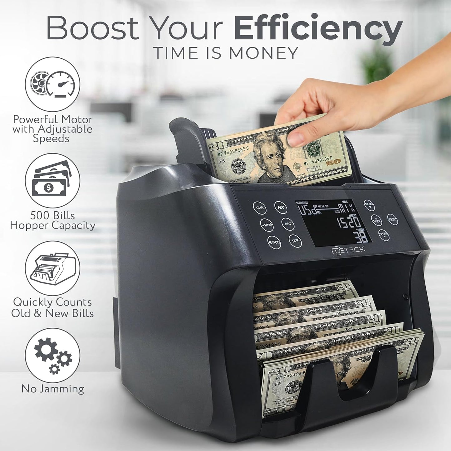 DETECK DT500 Mixed Denomination Money Counter, Multi Currency, Bill Counter 2CIS/UV/IR/MG/MT Counterfeit Detection, Cash Counter Serial Number, Printer Enabled