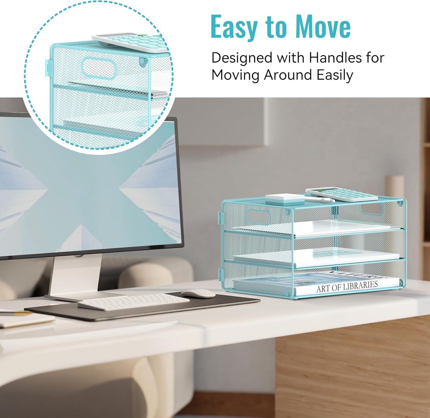 DALTACK 3 Tier Letter Tray Paper Organizer with Handle, Mesh Desk File Organizer, Paper Tray Desk Organizer for School Office Home, Metal Mesh, Light Blue