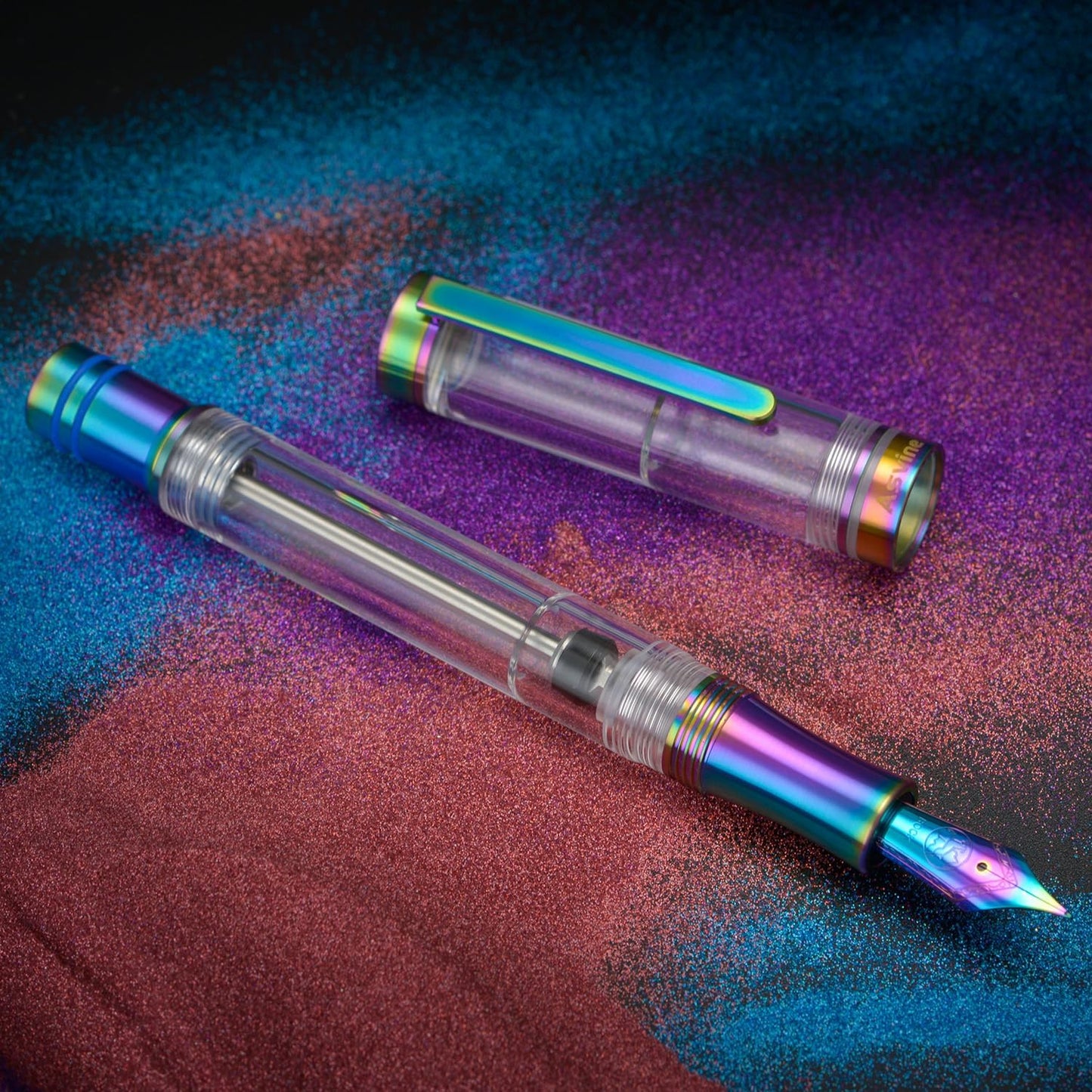 Asvine V200 Titanium Fountain Pen Vacuum Filling, Rainbow Iridium Extra Fine Nib Clear Demonstrator Acrylic with Pen Case and Wrench