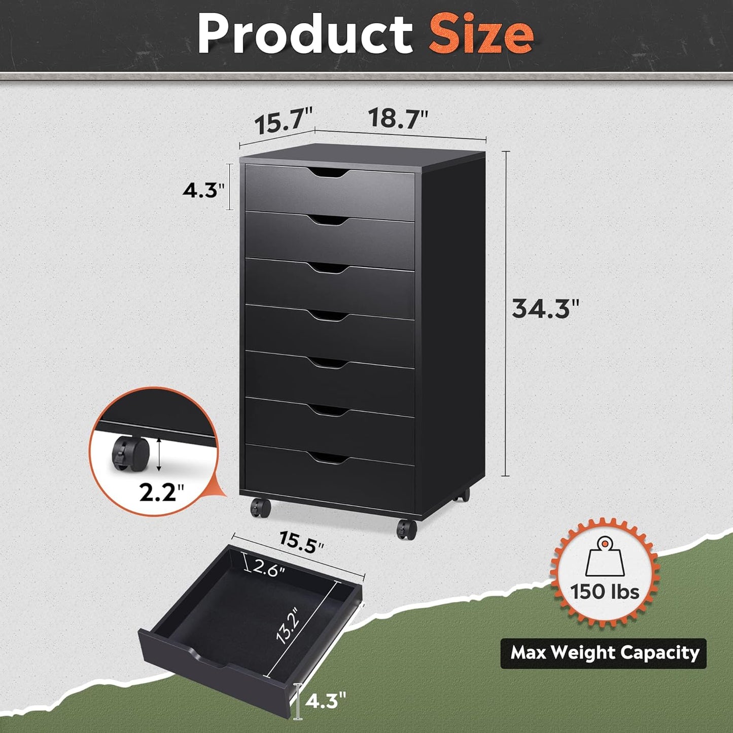 DEVAISE 7-Drawer Chest, Wood File Cabinet with Wheels, Black