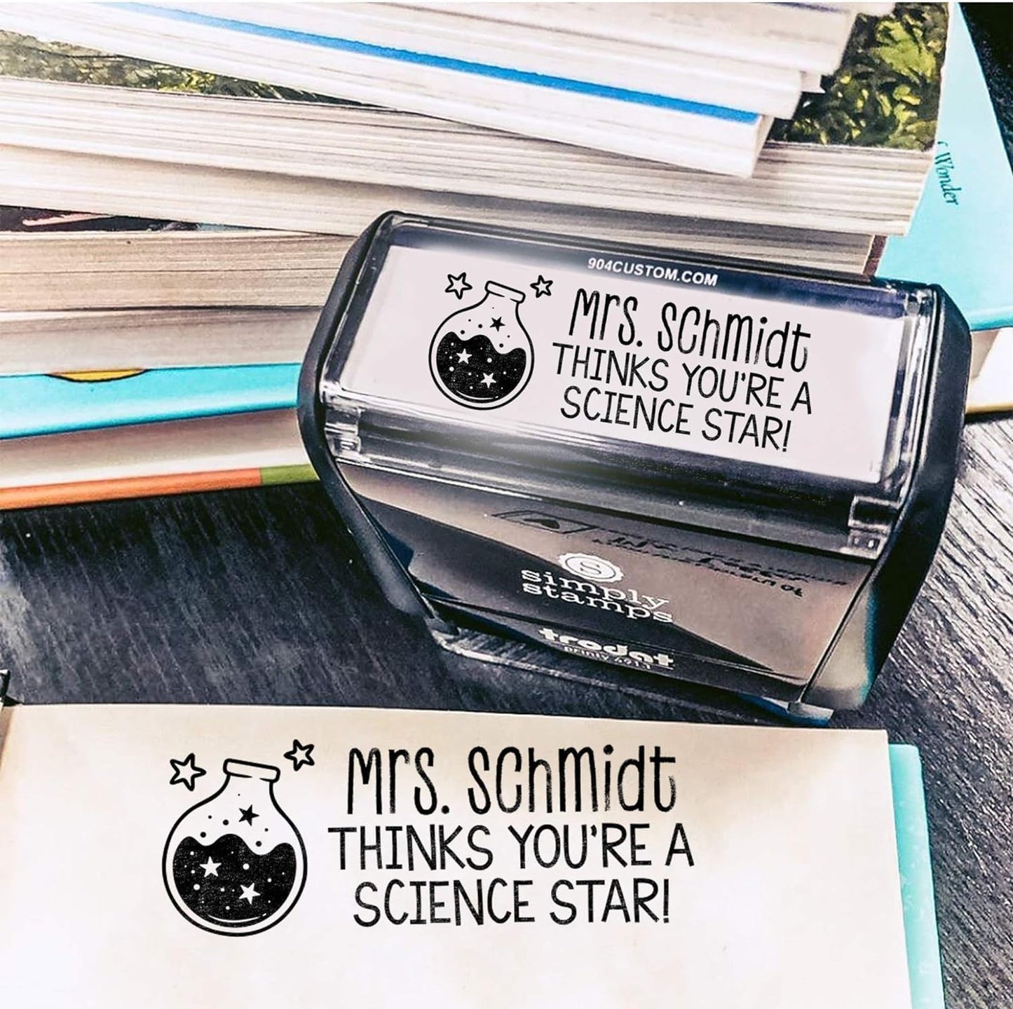 Custom Self-Inking Stamps | 49 Designs | Fun Phrases | Grading Made Easy | Classroom, Library & Book Stamps (Science Star, Large)