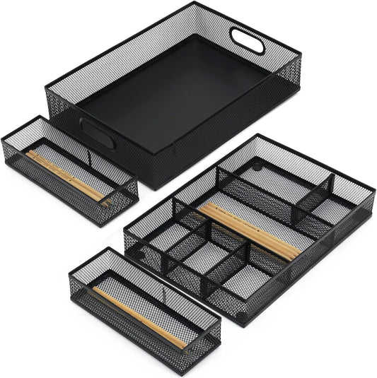 Neudeco Desk Drawer Organizer with 6 Adjustable Dividers, Metal Pen organizer for desk drawer,Mesh Office Desk Drawer Organizer Tray for office supplies (Pack 4, Black)