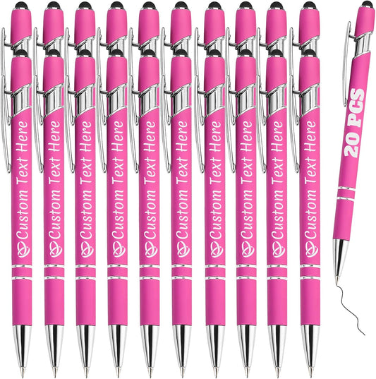 Personalized Pens Bulk 20 with Name Custom Engraving Ballpoint Pens with Stylus Tip Customized Smooth Writing Pens Personalized Gifts for Anniversary Birthday or Graduation(Pink,Black Ink)