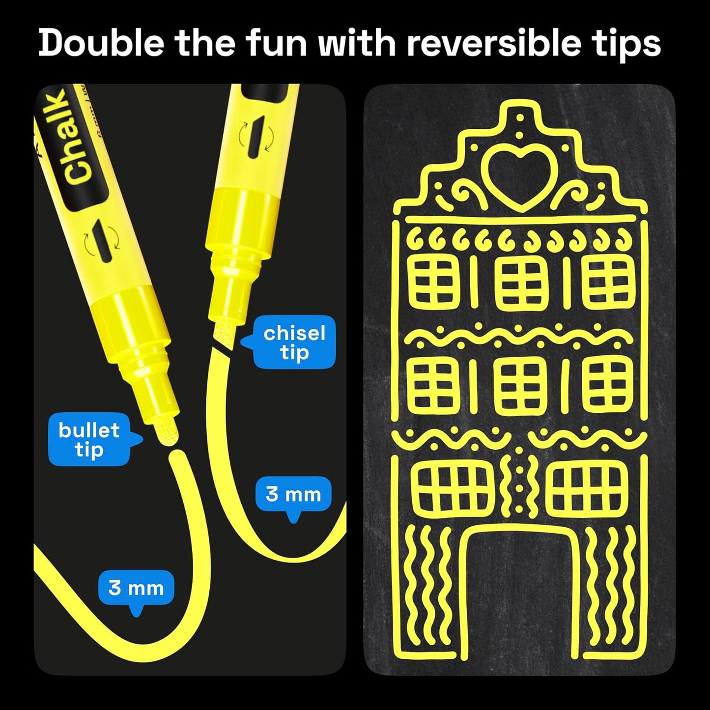 ARTISTRO 2 Yellow Liquid Chalk Markers - Erasable Chalk Pens with 6mm Reversible Tip for Blackboard, Chalkboard, Car Window, Glass - Ideal for China Markers, Restaurants & Bistro