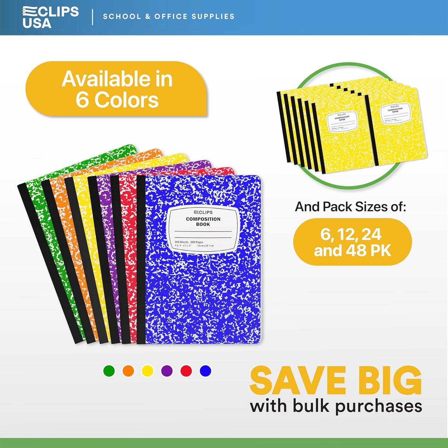 E-CLIPS USA Composition Notebooks, (48 Pack), Wide Ruled Composition Notebook, Marble Composition Notebook, 100 sheets, 200 Pages (48, Yellow)