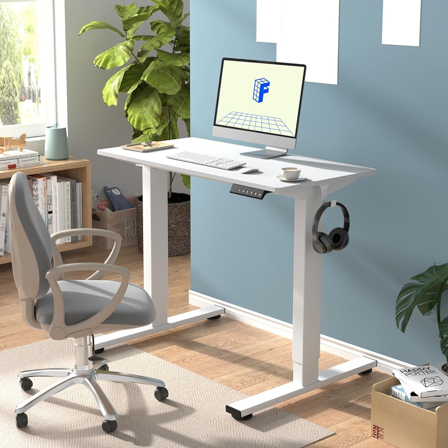 FLEXISPOT EN1 One-Piece Adjustable Height Desk 40 x 24 Inches Whole Piece Desktop Small Standing Desk for Small Space Electric Sit Stand Home Office Table (White Frame + White Desktop)