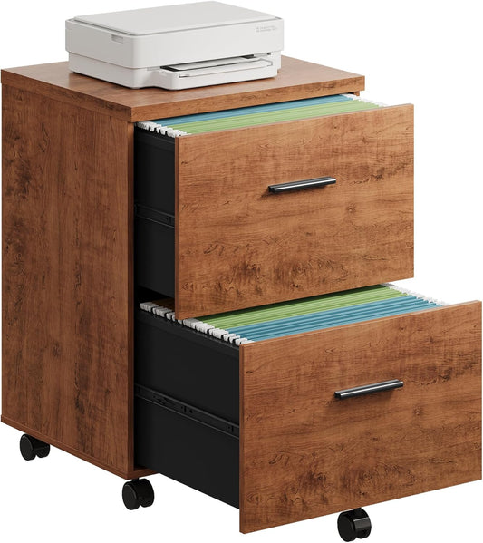 DEVAISE Wood File Cabinet, 2 Drawer Filing Cabinet for Home Office, Vertical File Cabinets with Wheels fits A4/Letter/Legal Size File, Walnut