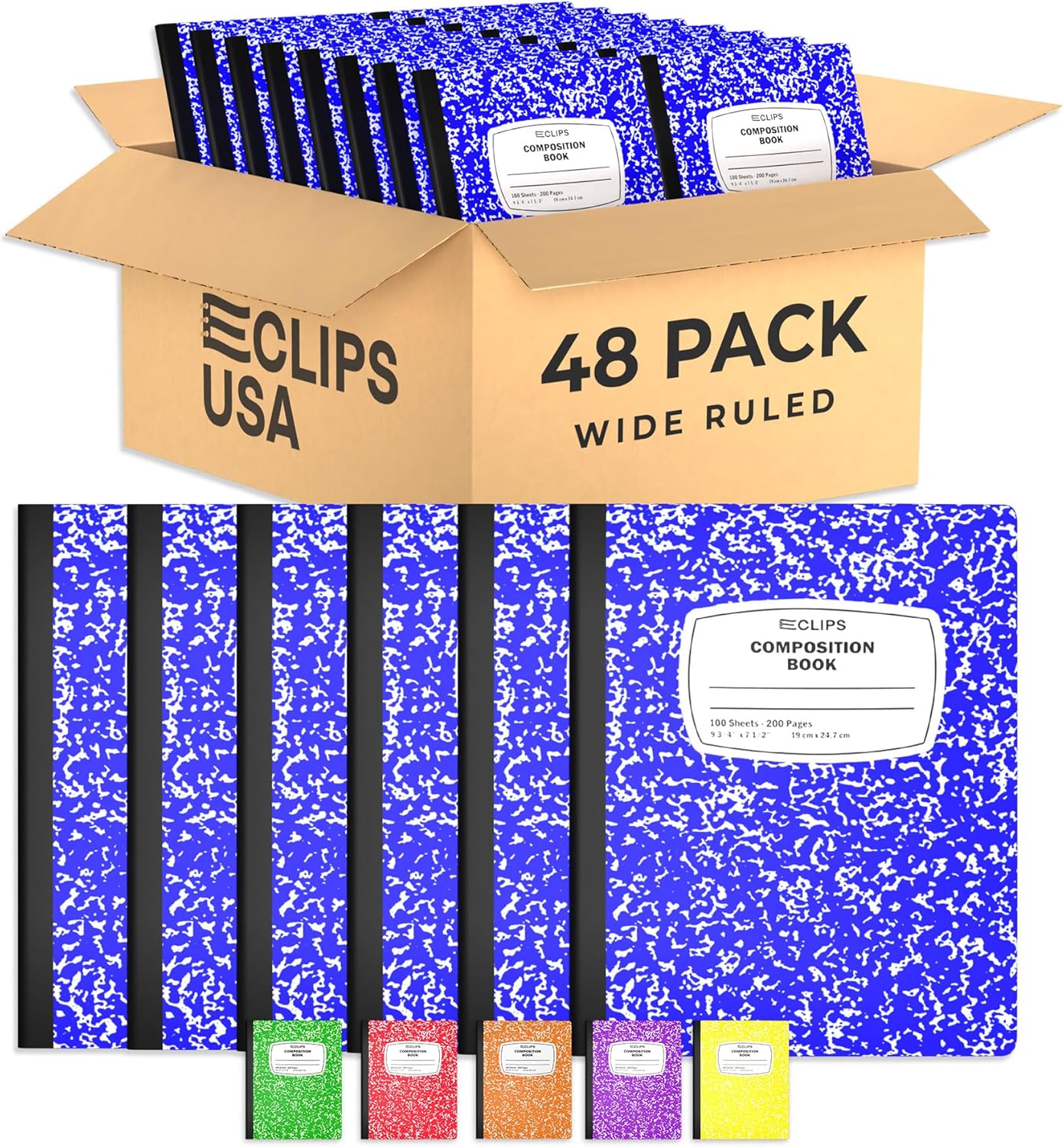 E-CLIPS USA Composition Notebooks, (48 Pack), Wide Ruled Composition Notebook, Marble Composition Notebook, 100 sheets, 200 Pages (48, Blue)