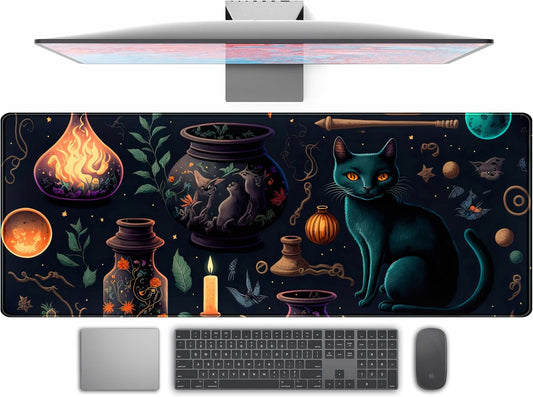 Cute Anime Cat Desk Mat Kawaii Cats Mouse Pad, XL Large Extended Gaming Desk Pad Mousepad, Women Desk Decor Pad Computer Laptop Keyboard and Wireless Mouse Mat with Stitched Edges 31.5x11.8 in