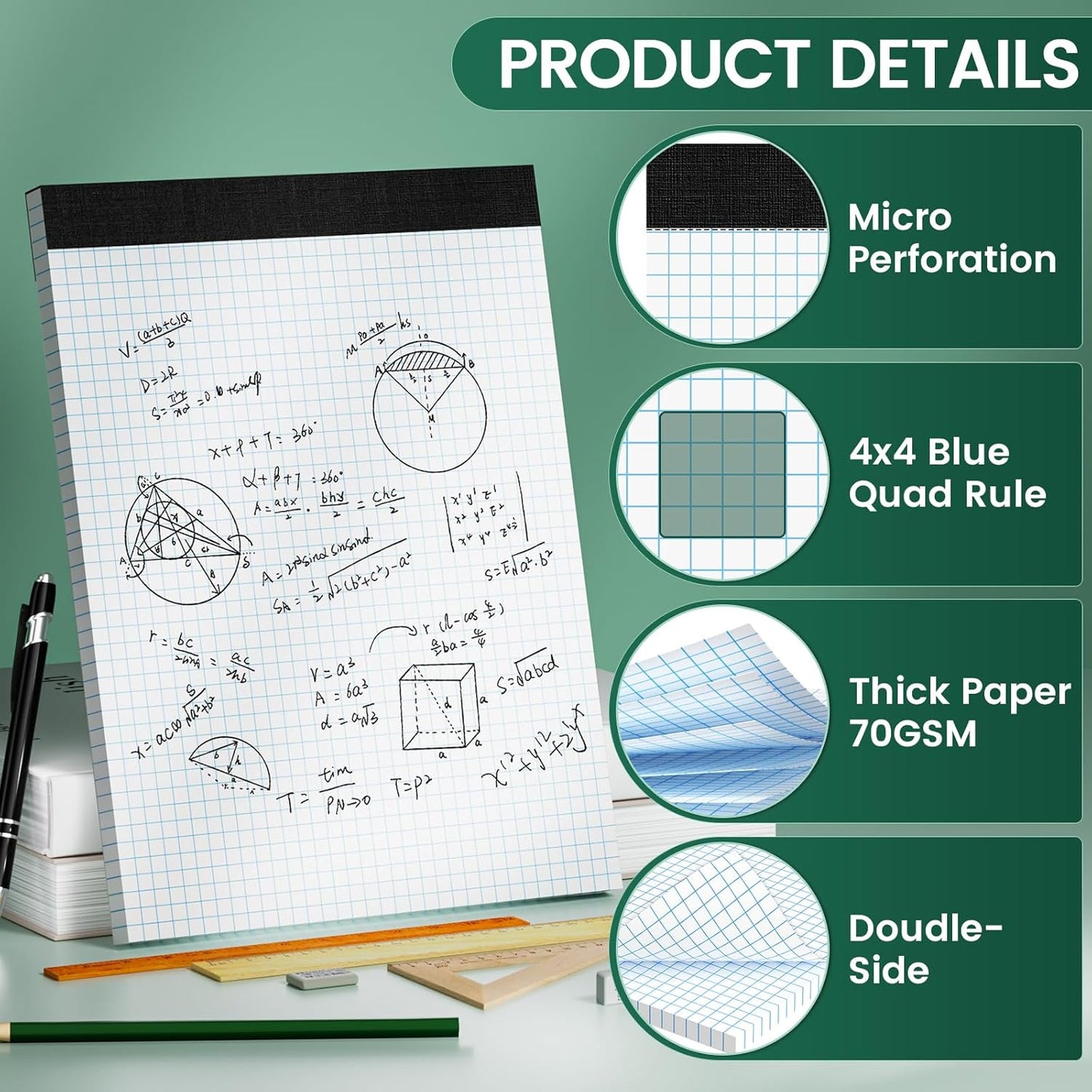 Graph Paper 8.5 X 11, 2 Pack, 4x4 Quad Ruled, Grid Paper Pad 8-1/2" X 11.75", Grid Pad 8.5 X 11.75, Engineering Notebook, Easy Tears Off, White 70 Gsm Graft Paper