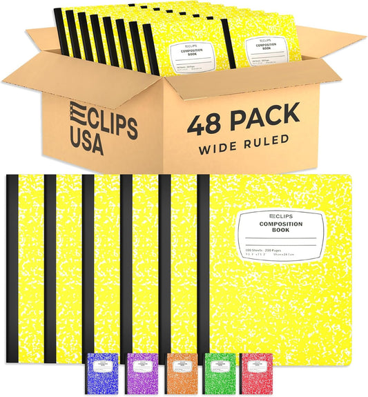 E-CLIPS USA Composition Notebooks, (48 Pack), Wide Ruled Composition Notebook, Marble Composition Notebook, 100 sheets, 200 Pages (48, Yellow)