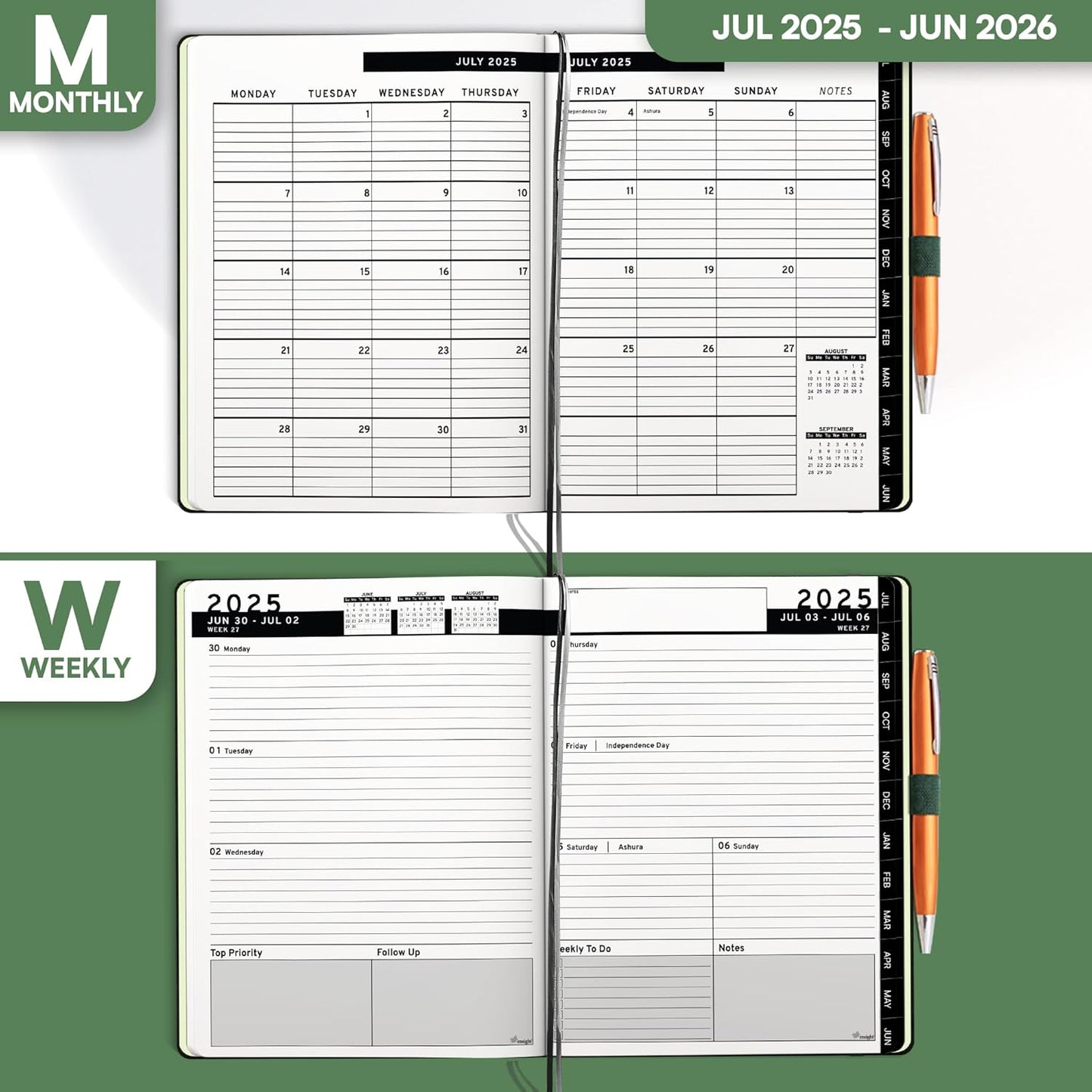 Ensight 2025-2026 HARDCOVER Leather Planner Weekly & Monthly - 6.5x8.5 Inches - Academic Planner Business Personal or Student - Pen Holder, Thick Paper, July 2025 - June 2026 (Green)