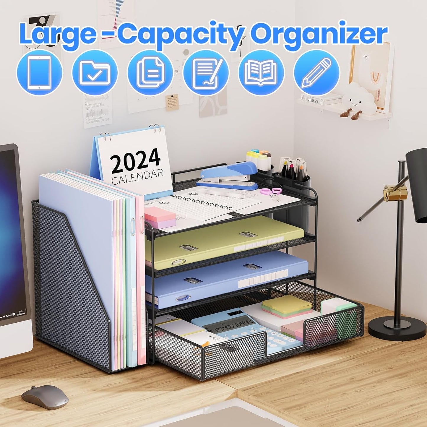 Desk Organizer and Accessories, 4-Tier Desktop File Organizer with Drawer and 2 Pen Holders, Office Desk Accessories for Office Supplies(Black)