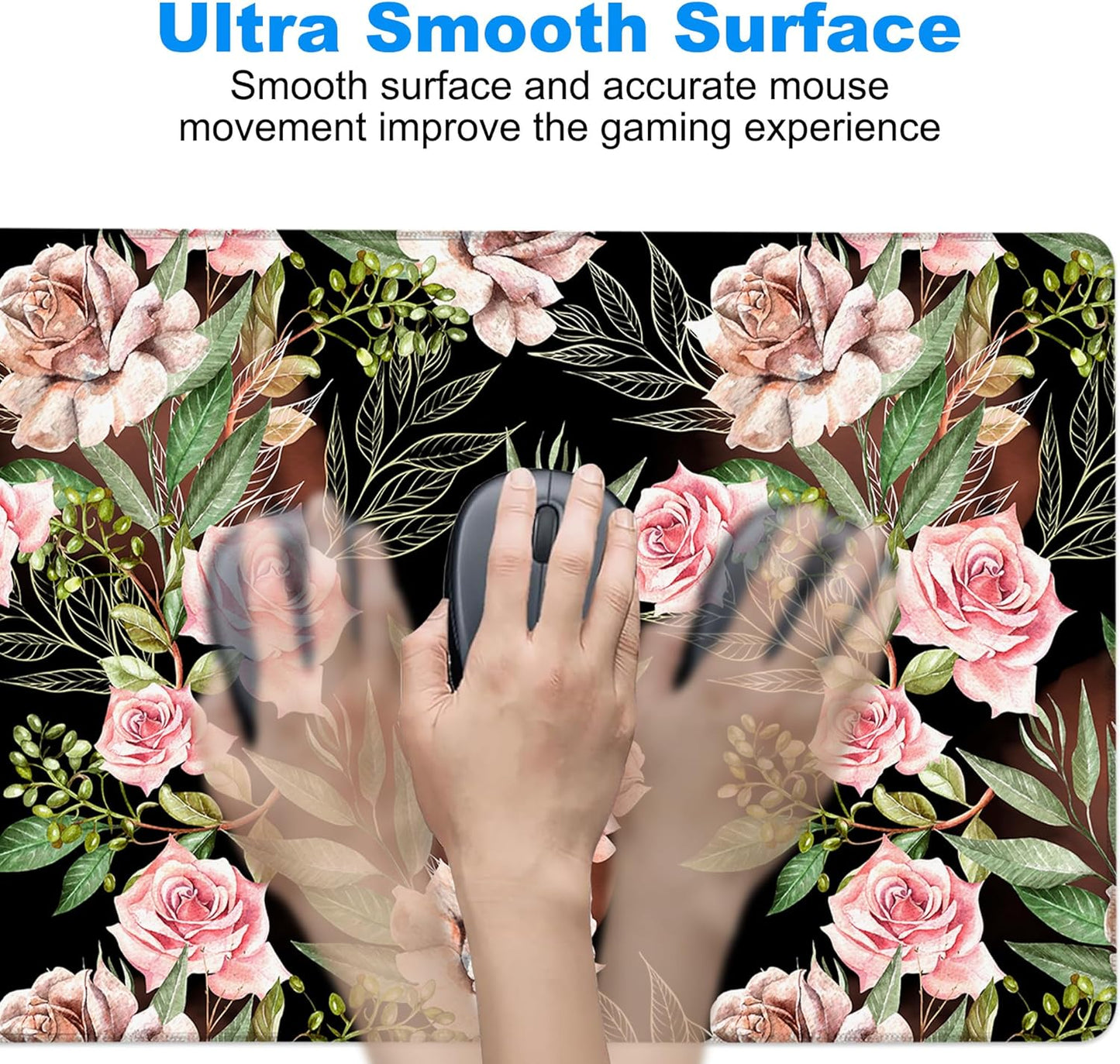 Desk Mat, Watercolor Rose Flowers Eucalyptus Leaves Large Gaming Mouse Pad with Non-Slip Base Stitched Edges,Desk pad for Keyboard and Mouse Home Office 35.4"x15.7"