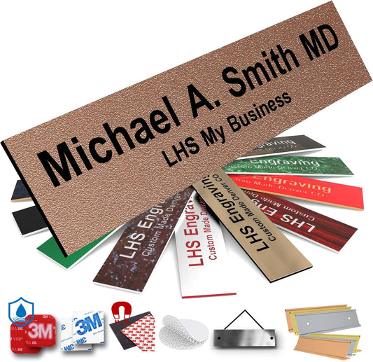 Engraved Name Plates for Door Sign Personalized Textured Copper Plastic Plaque with Black Letters - Made in USA 2x12 M2