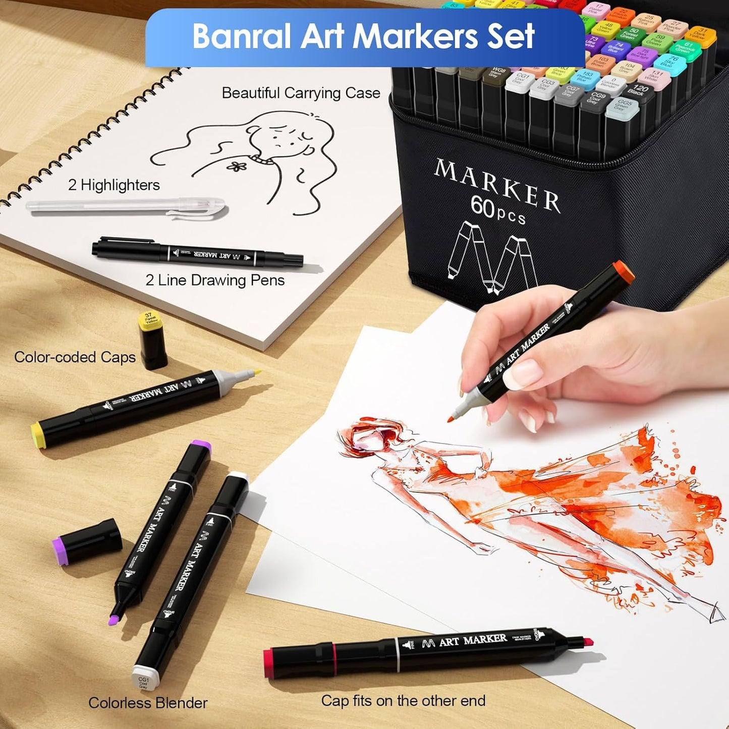Banral 60 Colors Alcohol Markers Set, Dual Tip Alcohol Based Art Marker for Artists Kids Adult Coloring, Permanent Illustration Sketch Pens for Drawing with Case and Holders
