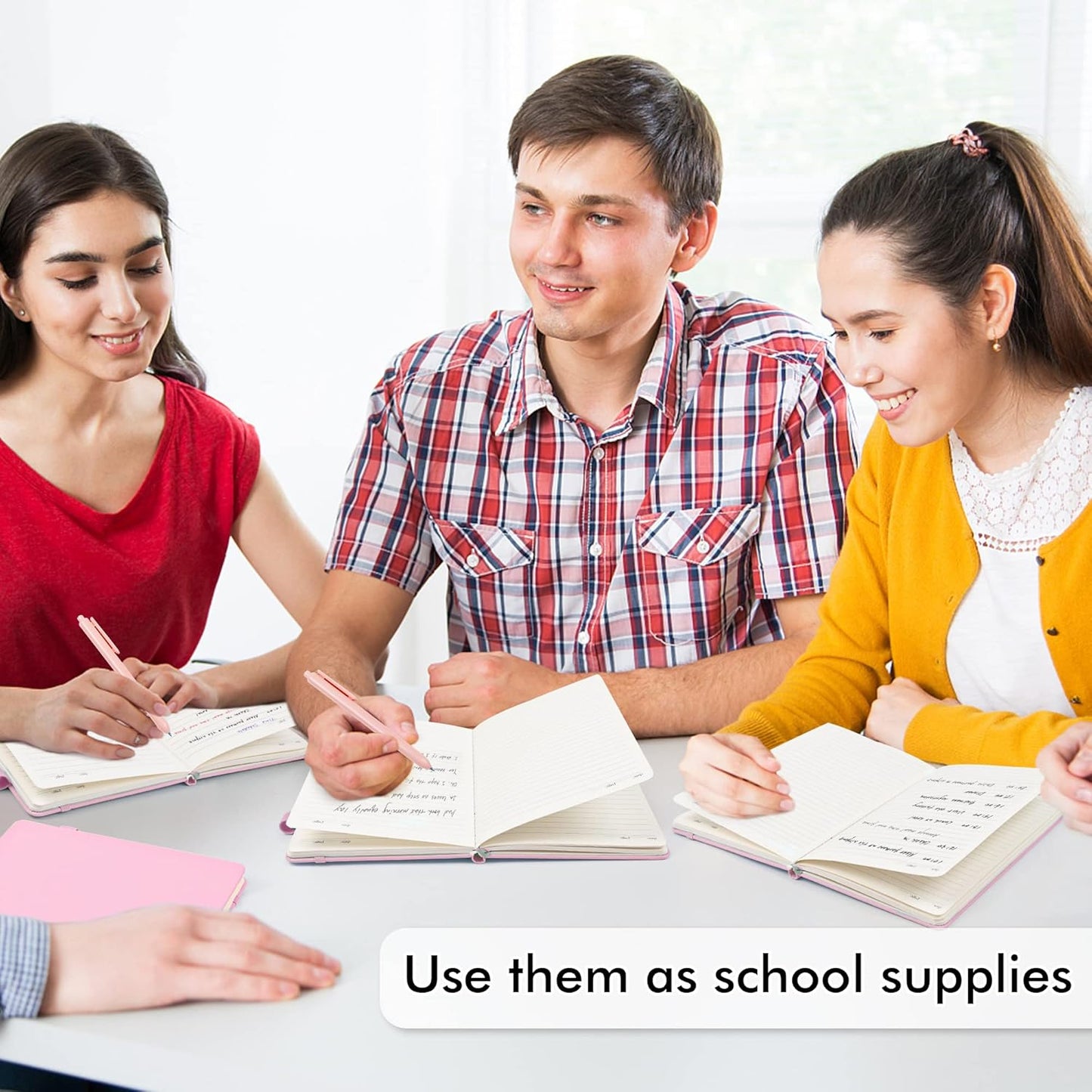 feela 5 Pack Notebooks Journals Bulk, Hardcover Notebook Classic Ruled Lined Journals with Pen Holder for Women Girls School Business Supplies, with 5 Black Pens, 120 GSM, 5.1”x8.3”, A5, Rose Pink