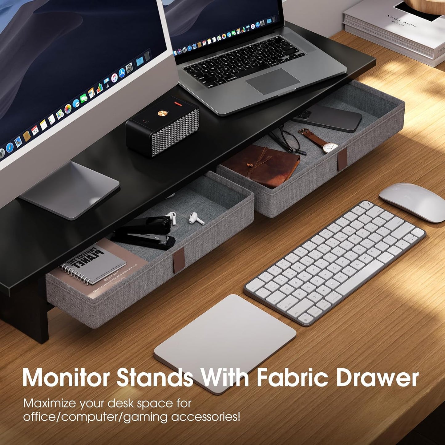 Fenge Monitor Stand with Drawer, 2 Tiers Dual Monitor Riser for Desk, 35 Inch Computer Stand for 2 Monitors, Desk Shelf for Home, Office, Laptop, PC, TV, Printer