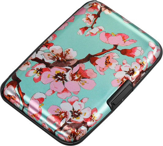 ELFISH Mini RFID Aluminum Wallet Credit Cards Holder Business Card Case Metal ID Case for Men Women（Pink Peach Blossom