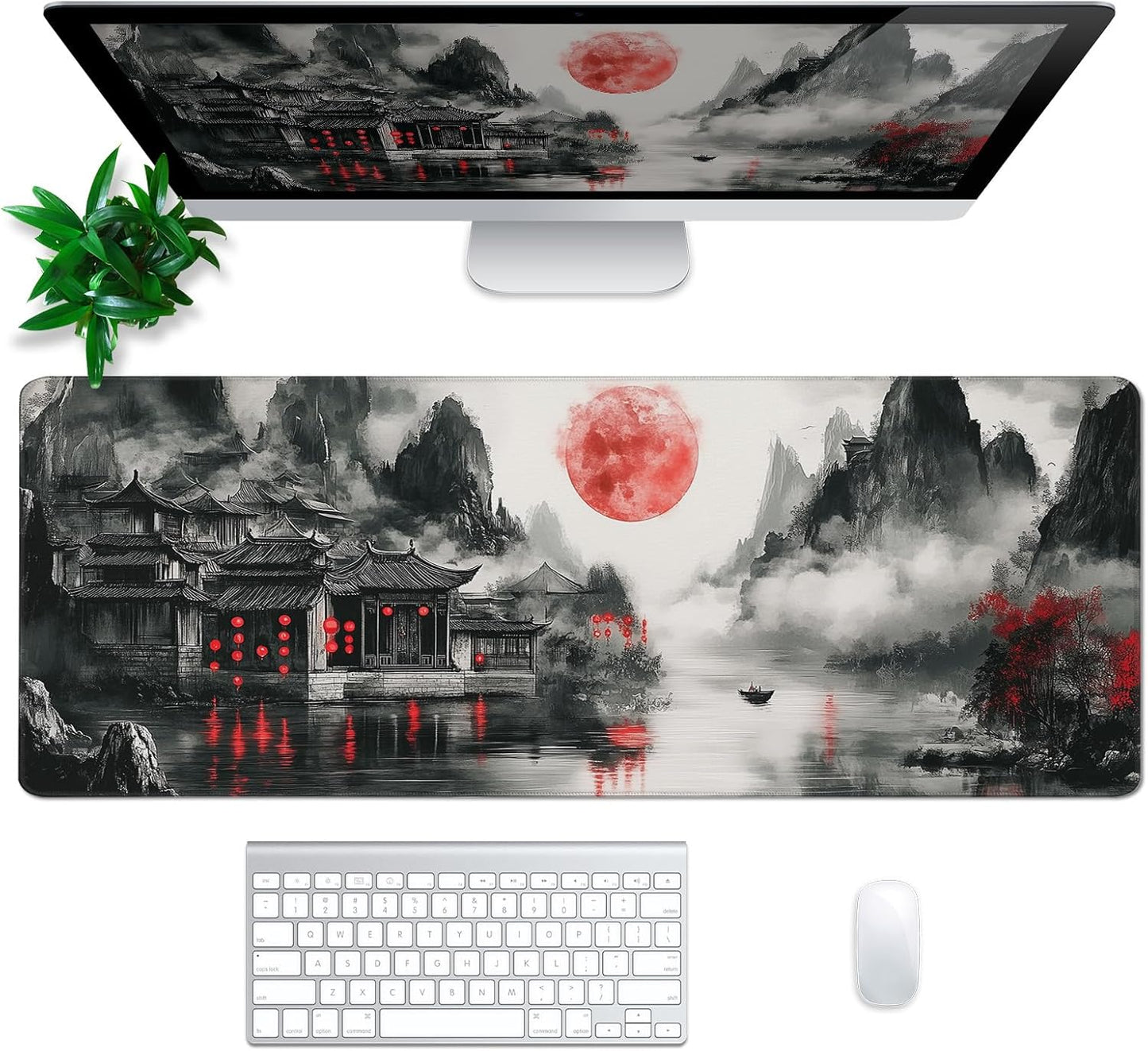 Retro Landscape Mouse Pad Abstract Big Mouse Pad 31.5x11.8 Inch Landscape Texture Non-Slip Rubber Base Large Mousepad Stitched Edges Keyboard Mouse Mat Desk Pad for Office and Home