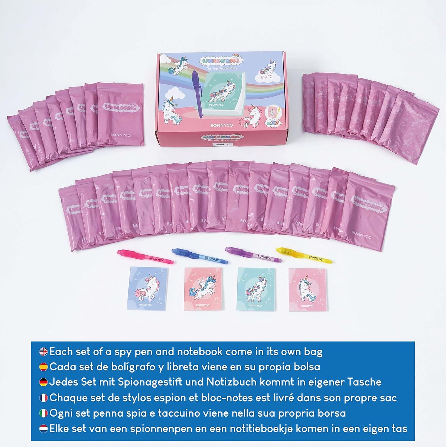 BONNYCO Invisible Ink Pen and Notebook Pack 32 Unicorn Party Favors for Kids, Magic Spy Pen Goodie Bags Stuffers for Kids, Unicorn Birthday Party Supplies, Goody Bag Stuffers | Return Gifts Prizes