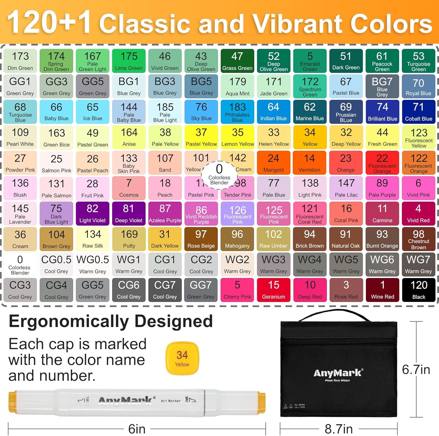 AnyMark Alcohol Markers Brush Tip, 120+1 Colors Dual Tip Brush & Chisel Alcohol-Based Art Markers Set with Case for Kids Adult Artists Drawing Coloring