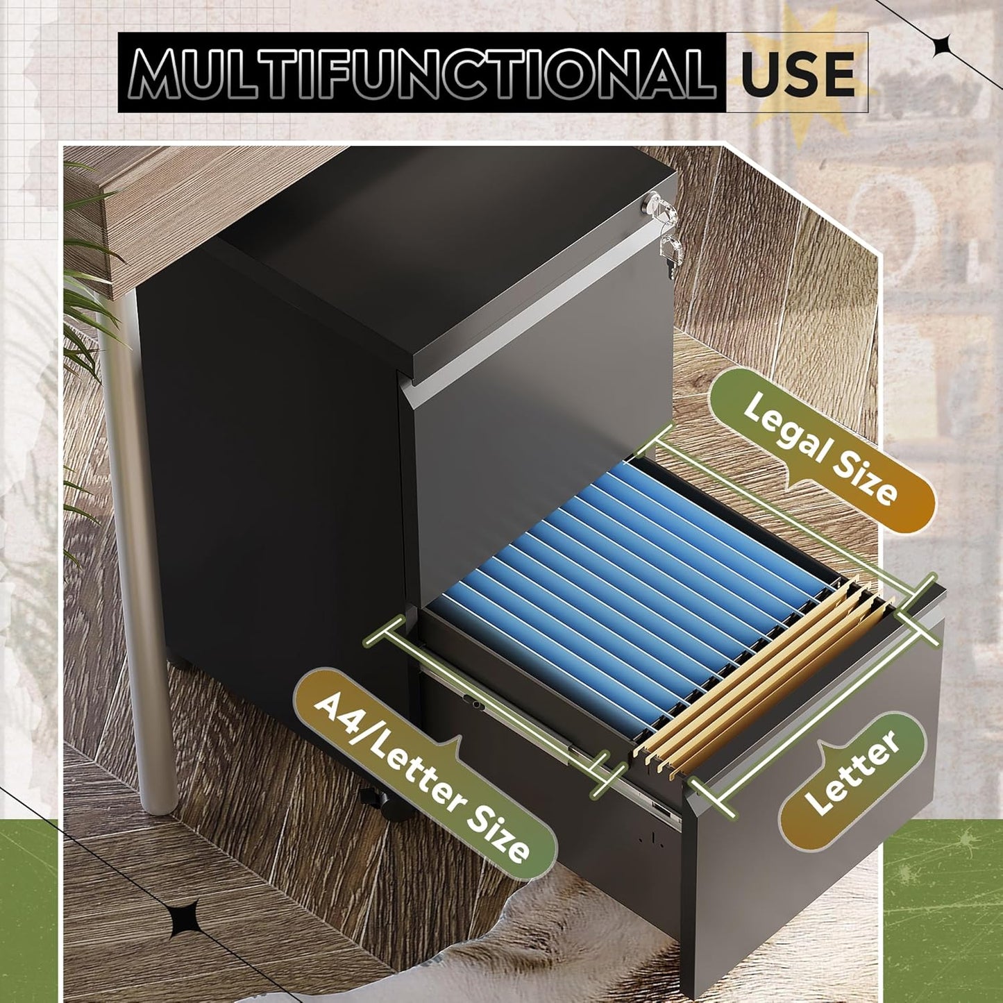 DEVAISE 2 Drawer Metal File Cabinet, Fully Assembled, Under Desk, Black, Lock, Fits Letter/Legal/A4 Size Files